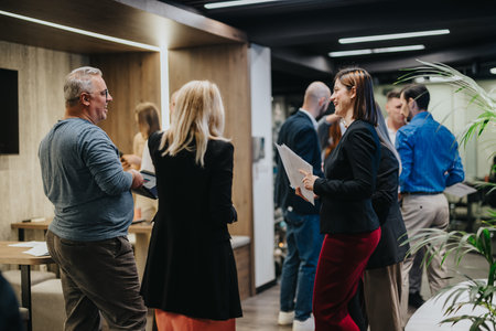 Professionals mingle at an indoor business networking event, exchanging documents and smiles