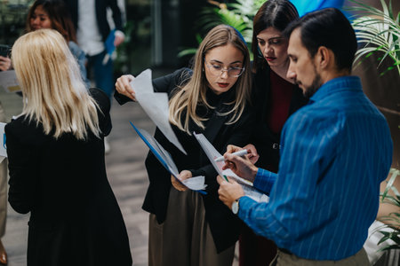 Team of professionals reviews documents and discusses files at an indoor business event