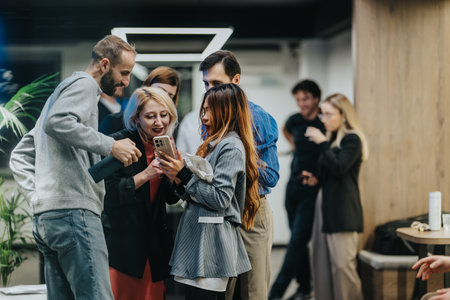 Group of colleagues sharing a moment around a smartphone in a modern office setting
