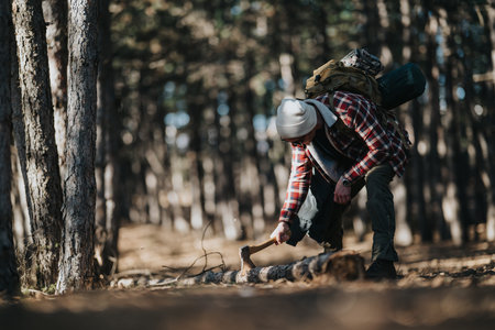 Hiker chops a log with an axe in a sunlit forest during a camping trip