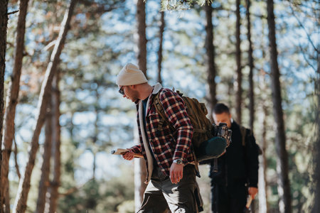 Hiker with backpack studies a map in a sunlit forest trail with a companion nearby