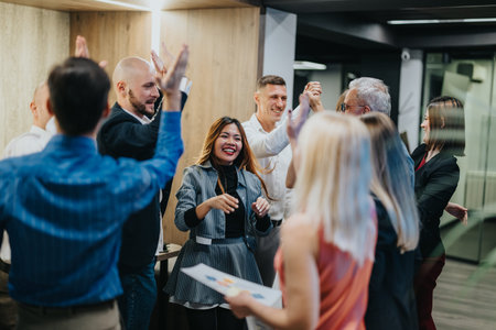 A diverse group of coworkers celebrates in an office with high-fives and smilesの写真素材