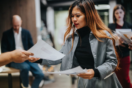 Professional woman hands documents in a busy office during a team discussionの写真素材