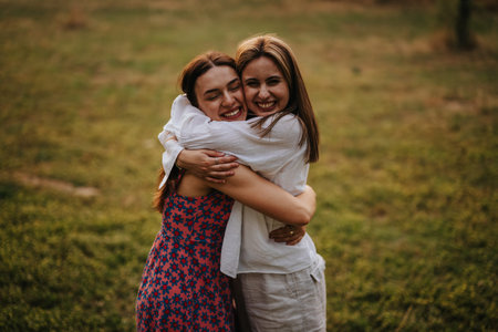Two women hug and smile in a sunny park, capturing a warm friendship moment for lifestyle stockの写真素材