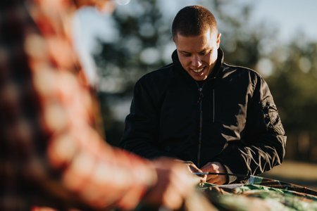 Man in a black jacket smiles outdoors while working with his hands in a natural park setting