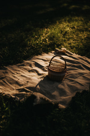 Cozy picnic basket on a blanket in the park during golden hour lighting