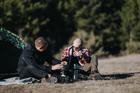 Two friends camping outdoors share a moment at a campsite with a stove and tent