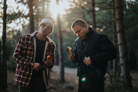 Two friends in a forest prepare tools and gear during an outdoor expeditionの写真素材