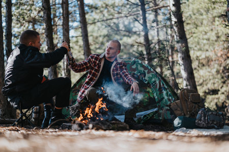 Two men toast with bottles by a campfire near a camouflaged tent in the woods