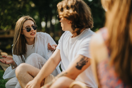 Young friends chat outdoors in a park during a casual daytime hangoutの写真素材