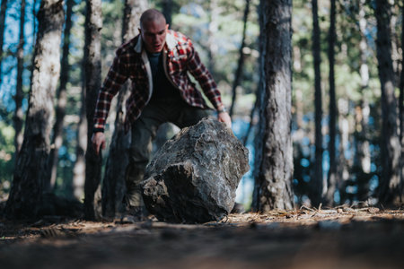 Man pushes large rock through forest trail, showing strength and determination in outdoor setting