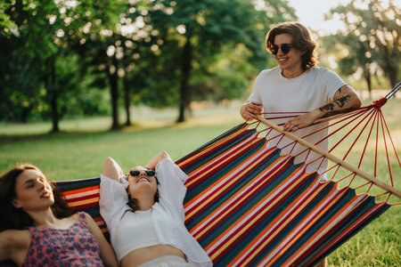 Three friends relax in a colorful striped hammock in a sunny park and enjoy the day togetherの写真素材