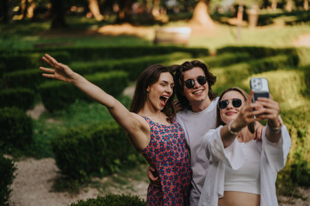 Three friends take a joyful selfie in a sunny park, posing for a fun group photoの写真素材