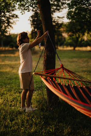 A man tethers a bright hammock to a tree in a sunny park at golden hourの写真素材