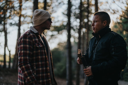 Two men converse in a forest setting, one wearing a beanie and plaid jacket, holding breadの写真素材