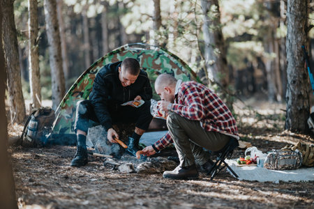 Two men camping in a forest cook over a campfire beside a camouflage tentの写真素材