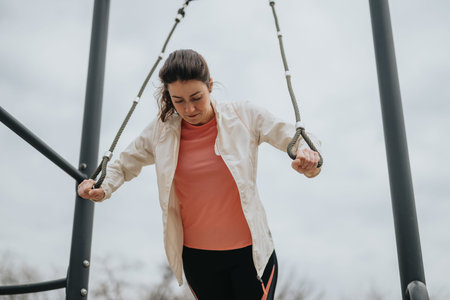 Woman on playground swing wearing a peach shirt and light jacket, outdoor fitness moment