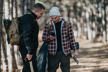 Two hikers in a forest check a phone together during an outdoor trekの写真素材