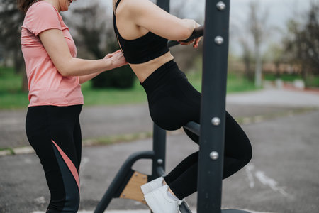 Woman receives assistance during outdoor gym workout as she uses a structured fitness apparatus...