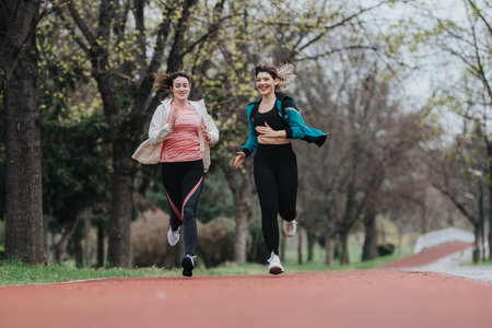 Two women running together in a park, smiling, exercising outdoors and enjoying fitnessの写真素材