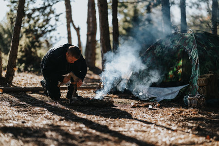 Man camping by campfire in the forest with a camo tent at a tranquil campsiteの写真素材