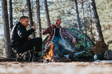 Two men camping in a forest share a drink by a campfire with a camouflage tent and gear nearby