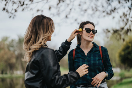 Two friends enjoy a sunny park day as one pins a flower behind the others ear