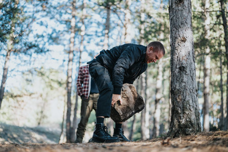 Man lifting a large rock in a forest trail during outdoor fitness activity