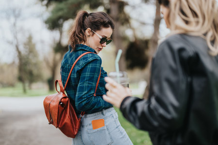 Two women outdoors in a park sharing a casual moment with a red backpack and coffee cup