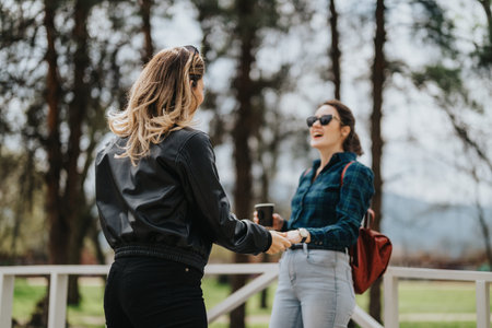 Two women share a friendly outdoor handshake with coffee in a park setting