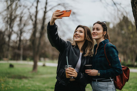 Two women take a selfie together in a park, enjoying drinks and friendship