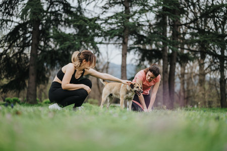 Two women exercise in a park with a playful dog, showcasing fitness, friendship, and outdoor...