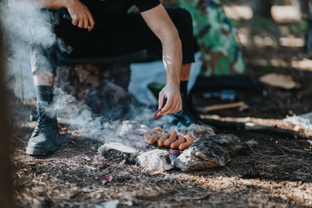 Outdoor camping scene of a person cooking sausages over a rock fire in the forestの写真素材
