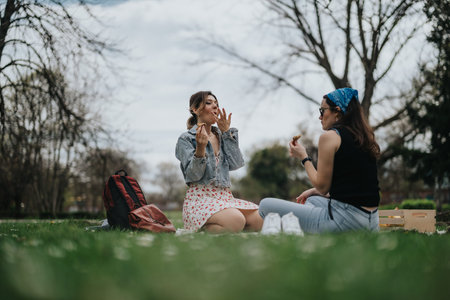 Two women enjoy a casual park picnic, sharing snacks and conversation on a sunny, breezy dayの写真素材
