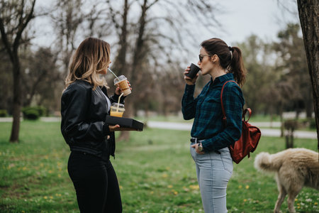 Two women enjoy drinks outdoors in a park, casual fashion and friendly conversation
