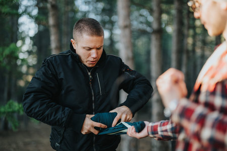Man in black jacket fixes gear while a friend assists outdoors in a forest setting