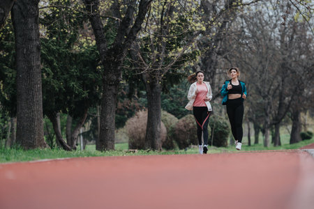 Two women running together on a park track during a cool day