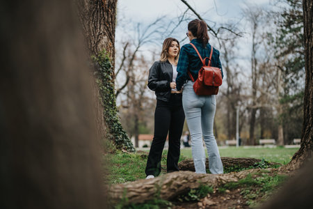 Two women talk in a park during an outdoor day, one with a red backpack