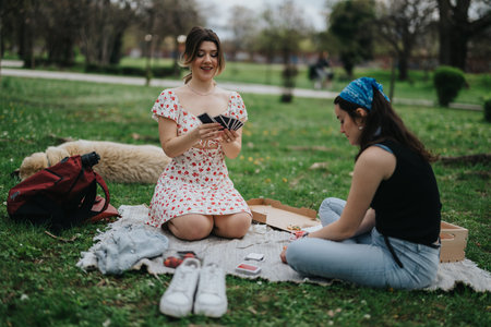 Two women enjoy a park picnic, playing cards on a blanket with a backpack nearby