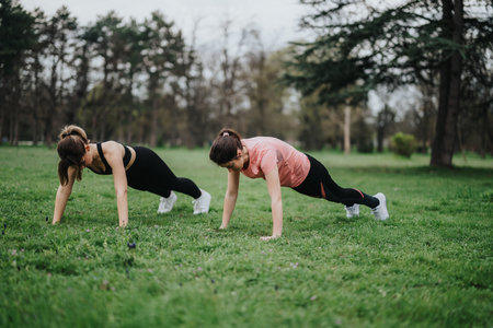 Two women doing push ups in a grassy park during an outdoor fitness session