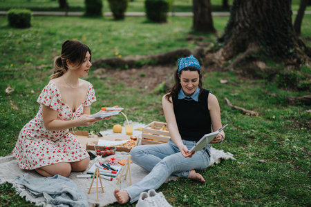 Two women enjoying a sunny park picnic, crafting supplies and reading together outdoors
