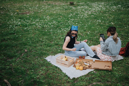 Picnic with friends in the park: two women share pizza, fruit, and a tablet on a sunny dayの写真素材
