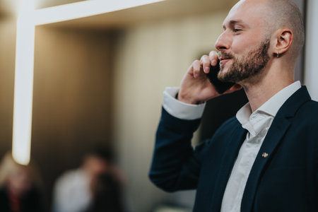 Professional man in a suit talking on his phone in an office setting