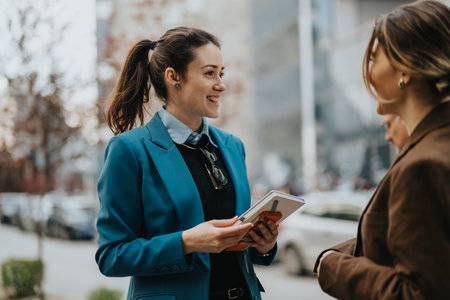 Friendly business conversation between professionals outdoors in city setting