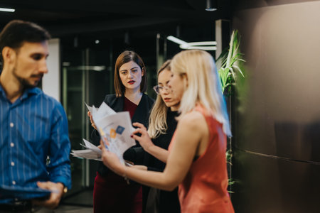 Business team reviews documents in a modern office lobby beside a bright blue logo