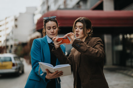Two women in professional outfits on a city street reviewing notes and phone togetherの写真素材