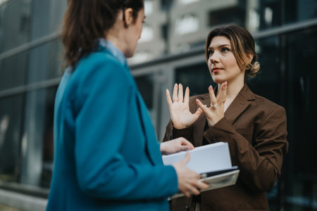 Business discussion outdoors as a woman in a brown blazer explains while a colleague holds documentsの写真素材