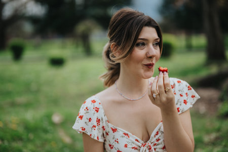 Woman in floral dress enjoying a strawberry outdoors in a park settingの写真素材