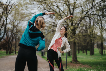 Outdoor workout with friends stretching in the park, healthy lifestyle and fitness in nature