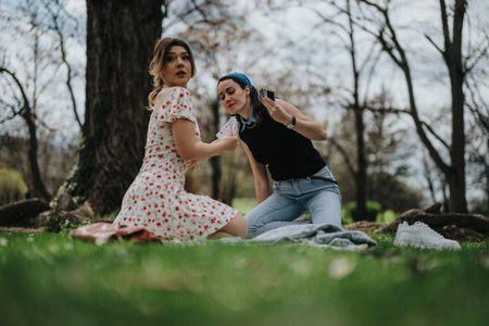 Two friends enjoying a picnic in the park, playing cards and laughing togetherの写真素材